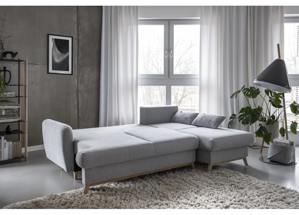 Világosszürke kinyitható-tárolóhelyes sarokkanapé (jobb oldali-heverő résszel) Scandic Lagom – Miuform