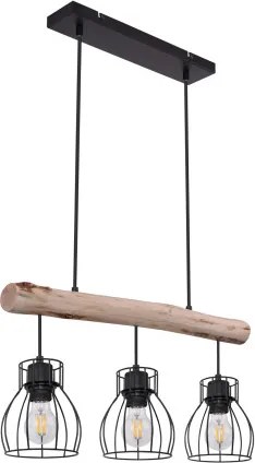 Globo 15326-3N Függeszték fém fekete drótháló búrával, natúr fa betéttel. LxBxH:600x136x2090, exkl. 3xE27 40W 230V