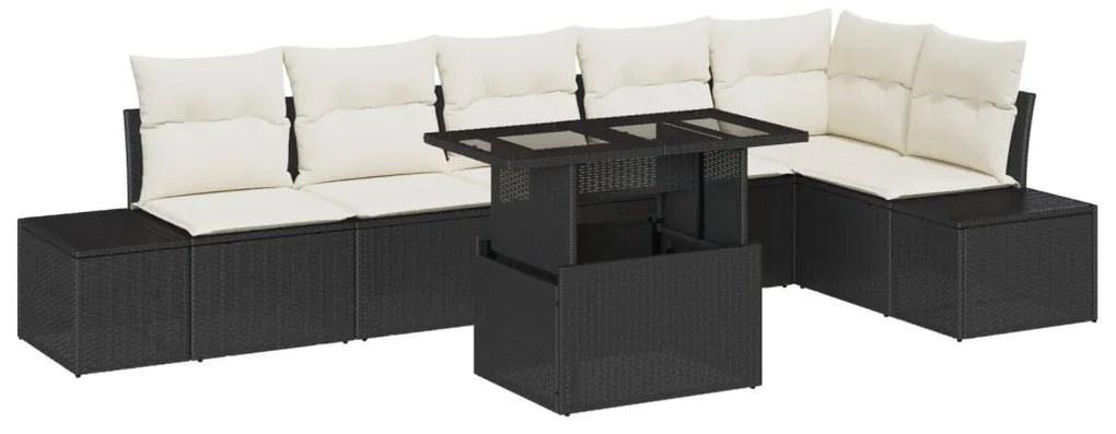 7 darabos kerti szett párnákkal – fekete poli rattan