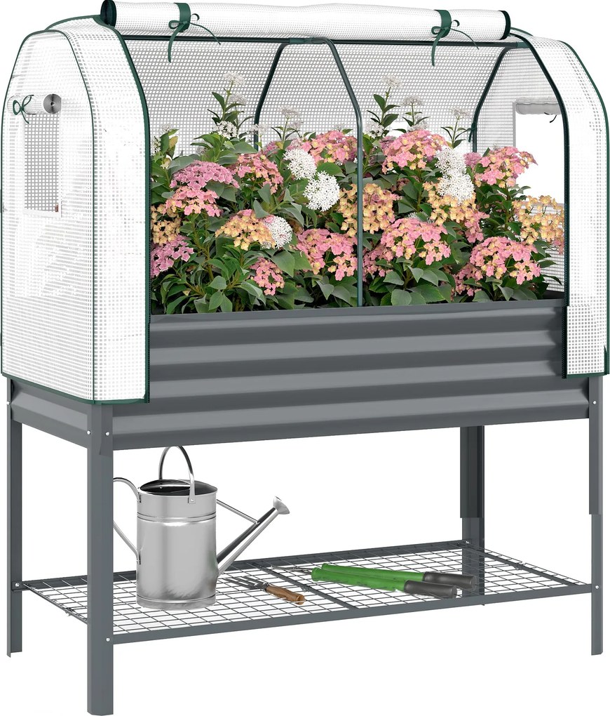 Outsunny emelt növénytartó PE üvegházfedéllel — Horganyzott emelt virágágyás 167 l, bélés és alsó polc, 120 x 55 x 140 cm | Aosom