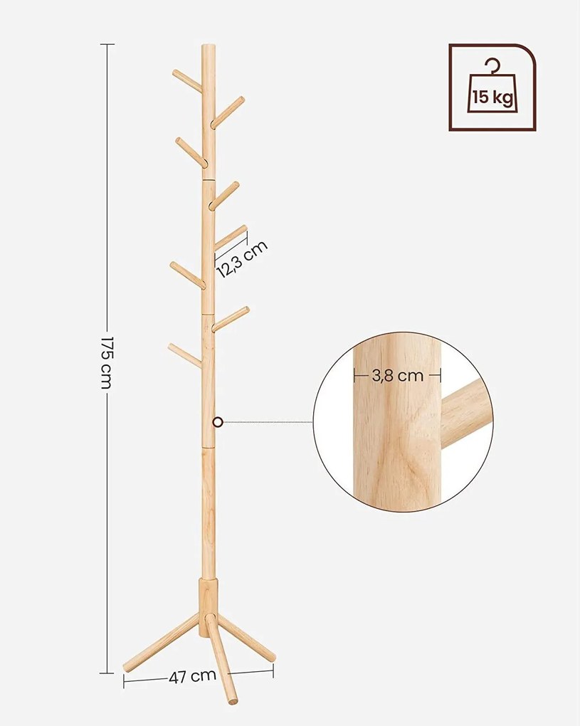 Tömör fa kabáttartó 8 kampóval 175cm magas