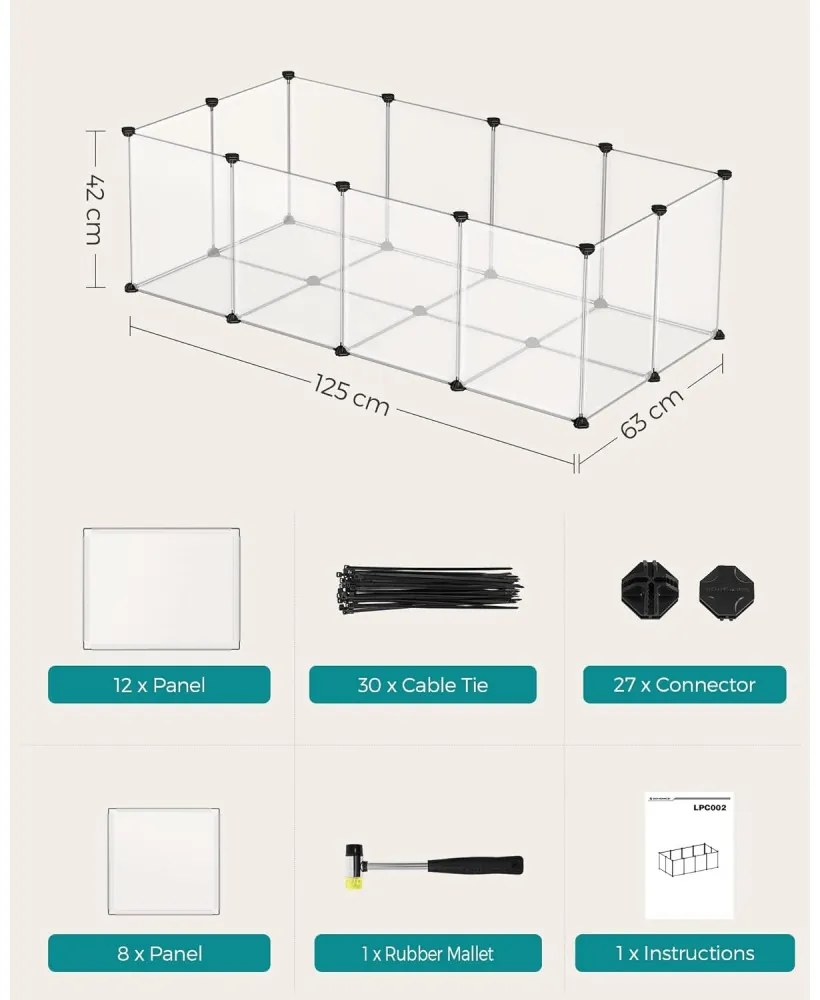 Ketrec háziállatoknak műanyag átlátszó elemekkel, fehér 125x63x42cm