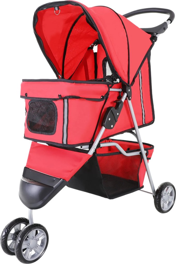 PawHut Kutya Békebusz, Összecsukható Kutyáknak és Macskáknak, Párnás Macskakocsi, Hálós Ablakok, Pohártartó, Tárolótáska, Pirosszínű | Aosom