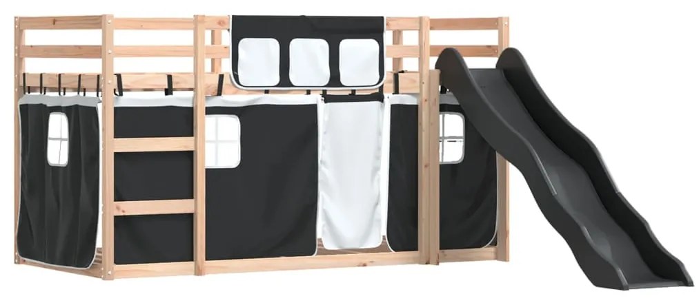fehér-fekete emeletes ágy csúszdával és függönnyel 80 x 200 cm