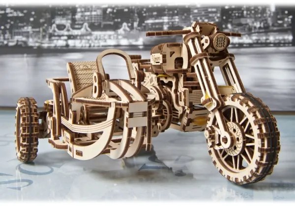Ugears - 3D fa mechanikus puzzle Scrambler motorkerékpár kocsival