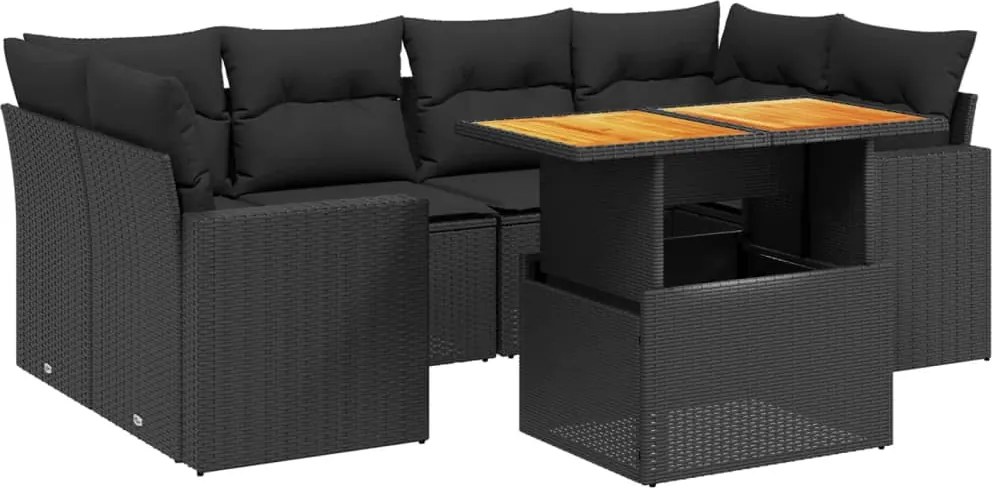 vidaXL 7 részes fekete polyrattan kerti ülőgarnitúra párnával