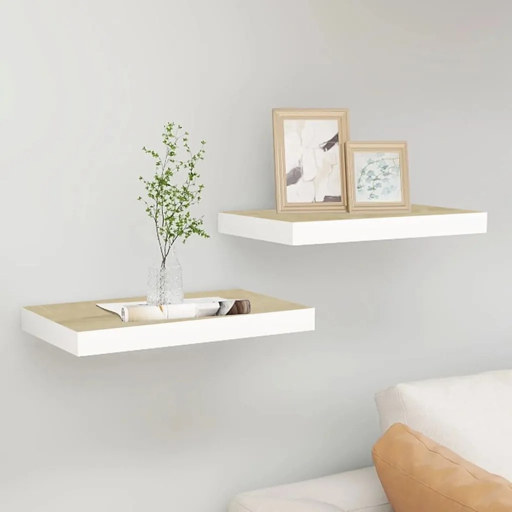 2 db tölgyszínű és fehér MDF lebegő fali polc 40 x 23 x 3,8 cm