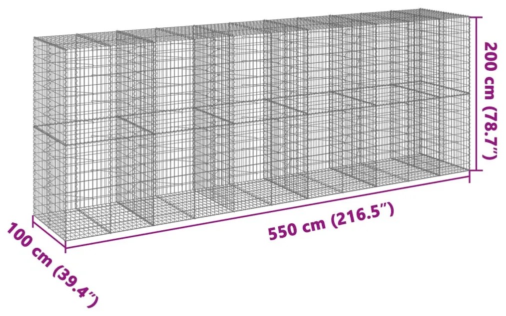 horganyzott vas gabion kosár fedéllel 550 x 100 x 200 cm