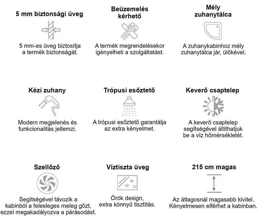 Vital Black 90x90 cm íves mélytálcás hidromasszázs zuhanykabin