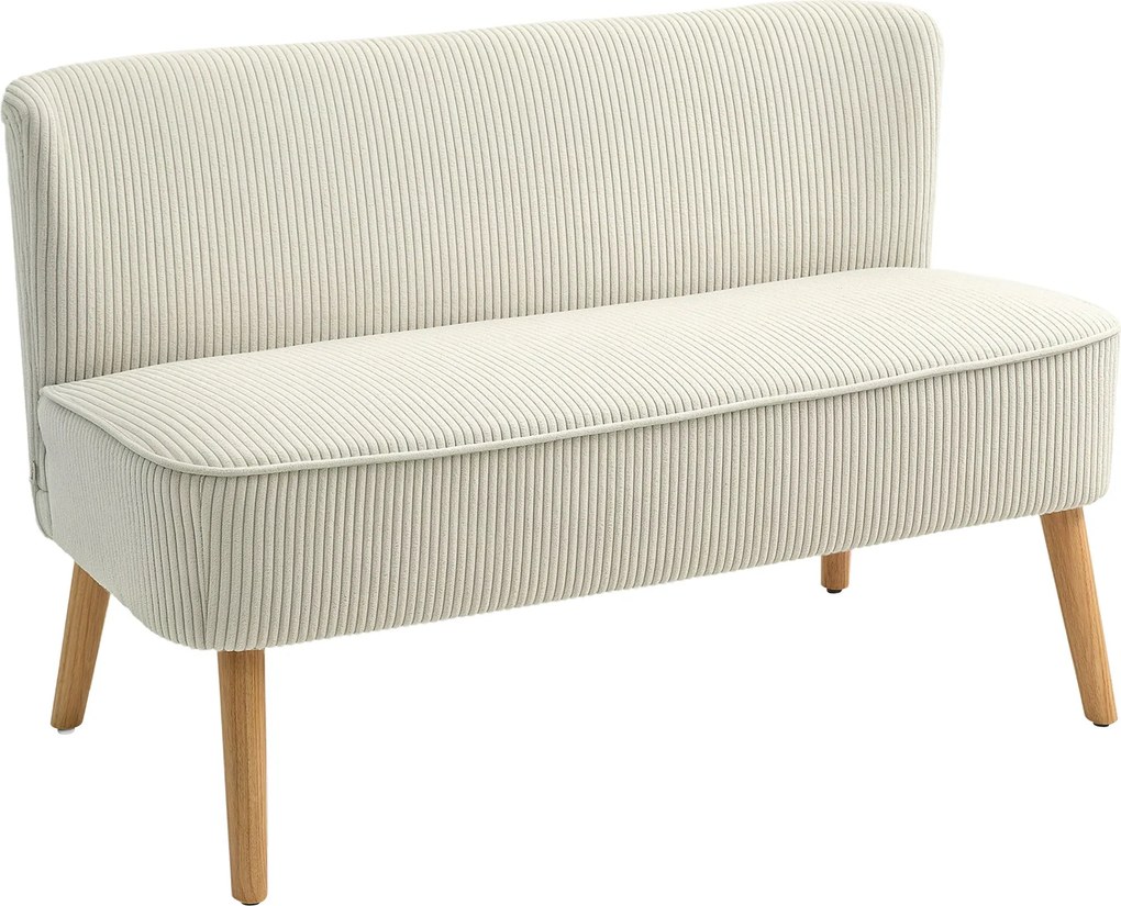 HOMCOM 2 Személyes Modern Kanapé Karfa Nélkül, Kordbársony Hatású Kárpitozott Kanapé, Kis Lounge Kanapé Fa Lábakkal, 117 x 56.5 x 77 cm, Krém | Aosom