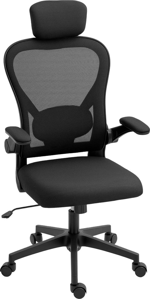 HOMCOM Forgós Irodai Szék Lélegző Mesh Íróasztali Szék Állítható Magasságú Fejtámasszal és Deréktámasszal, Hinta Funkció, Terhelhetőség 120 kg, Fekete