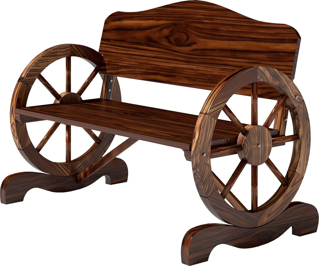 Outsunny Kerti Pad, 2 Személyes Fa Pad háttámlával és karfával, Fa Pad Kerék Design, Időjárásálló Park Pad 240kg Teherbírás, Erkély Pad Erkély Teraszr