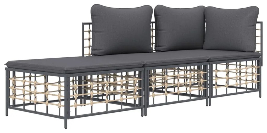 3 részes antracitszürke polyrattan kerti ülőgarnitúra párnákkal
