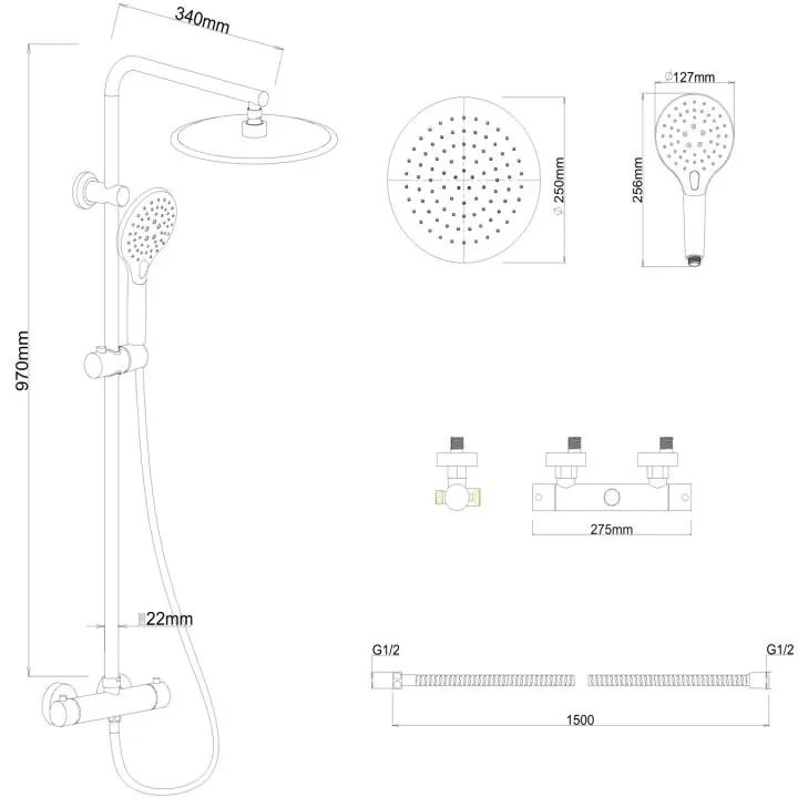 Erga Bergen Therm, zuhanygarnitúra termosztatikus csapteleppel és esőfejjel 25cm, fekete matt, ERG-YKA-BP.BERGEN-THERM-25-BLK