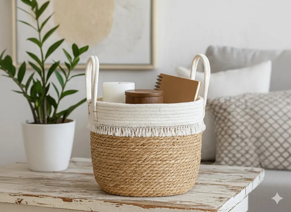 Fonott kosár tengerifűből rojtokkal 37 x 31 x 32/44 cm