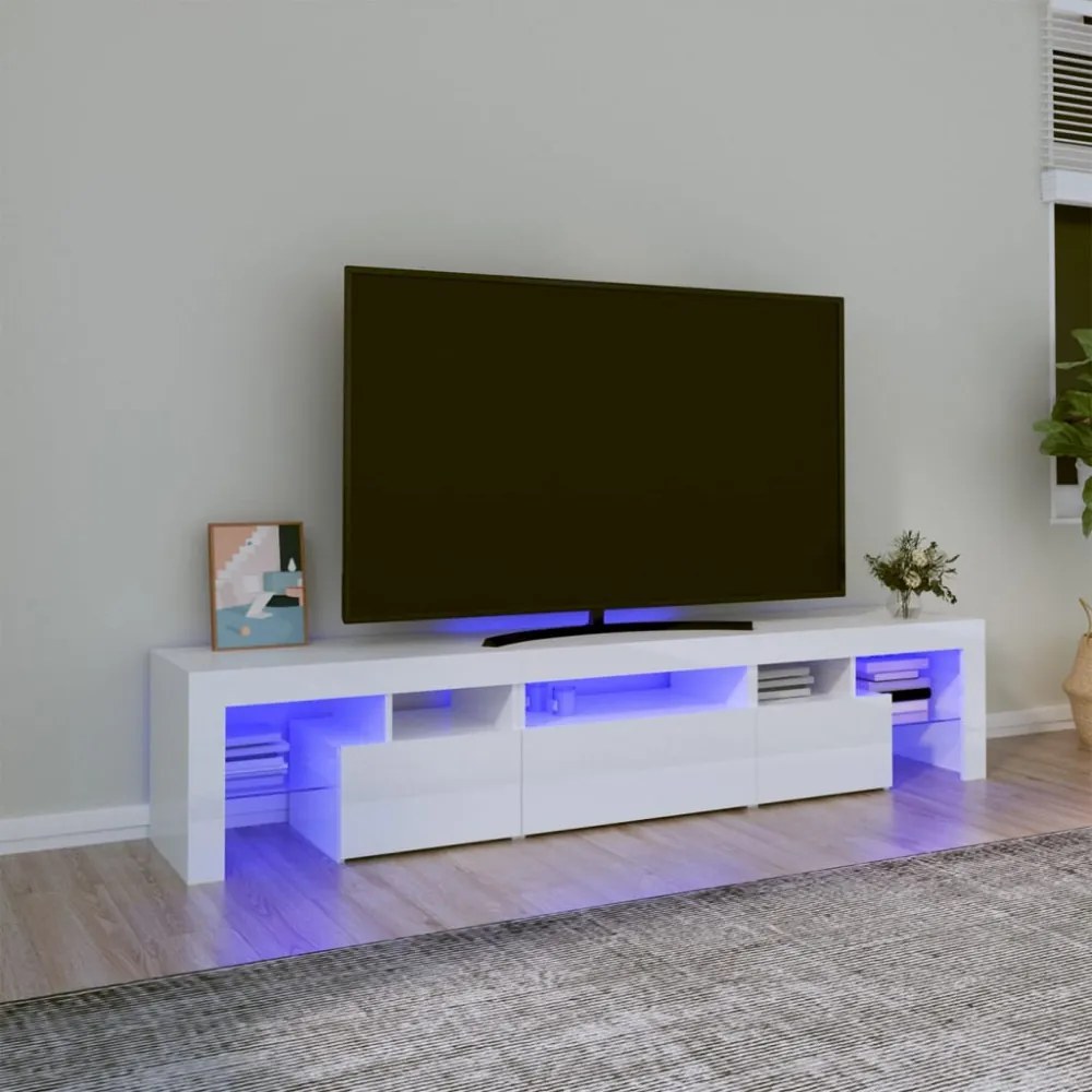 magasfényű fehér TV-szekrény LED lámpákkal 200x36,5x40 cm