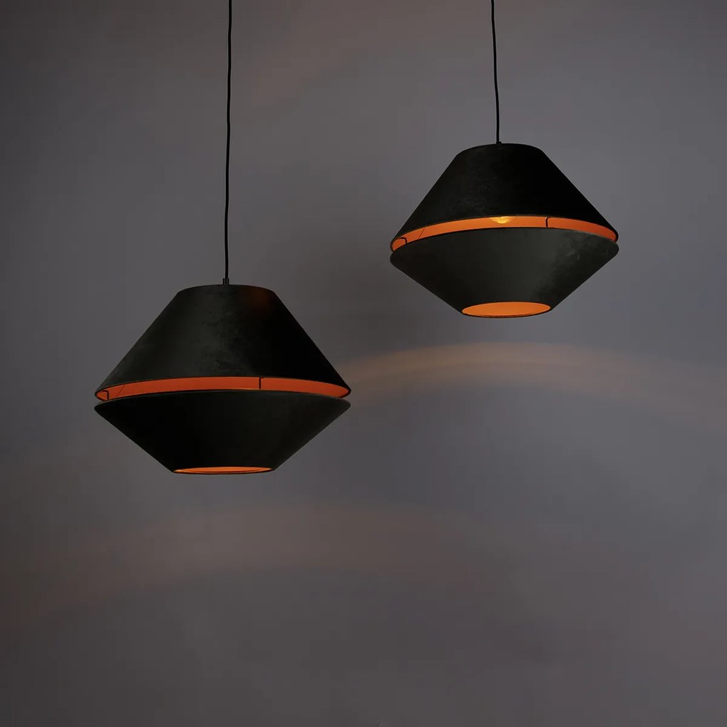 Fekete függőlámpa dupla, zöld bársony lámpabúrával, arany belsővel, 2-égős - Cava Luxe