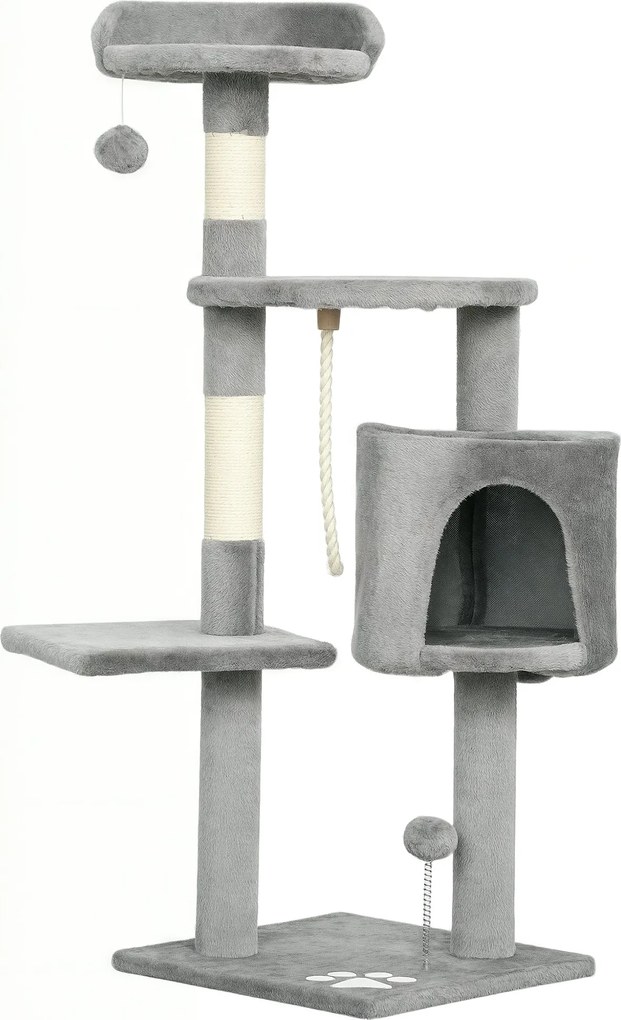 PawHut Többfunkciós MacskaFa Kaparóoszlopok Karperecek Rejtett Helyek Kötél Játékok 40L x 40W x 114H cm Szürke | Aosom