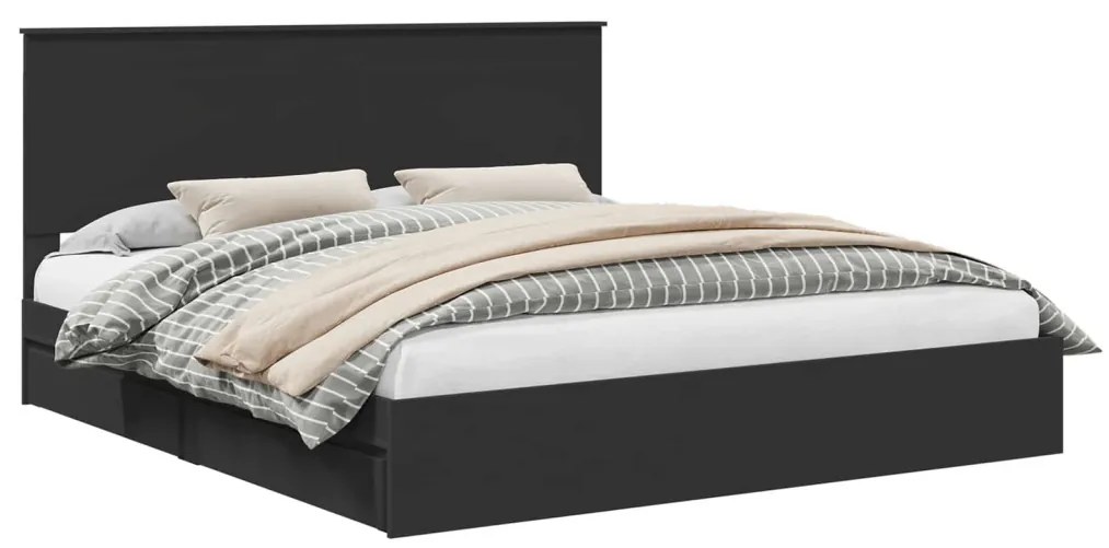vidaXL Tárolós Ágy fejtámlával fiókkal Fekete 200 x 200 cm Faanyag