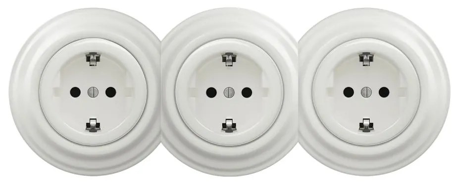 Kliklap - Háromfoglalatos retro fali konnektor kerettel, SCHUKO 230 V, fehér