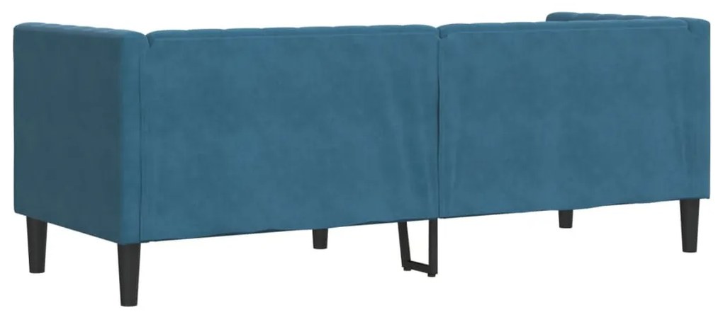 3 személyes kék bársony Chesterfield kanapé hengerpárnákkal