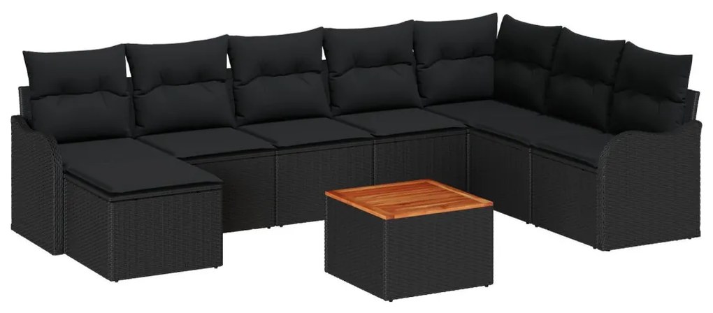 9 részes kertibútor szett párnákkal fekete poli rattan akácia, 2-fős kertibútor párnákkal fekete poli rattan