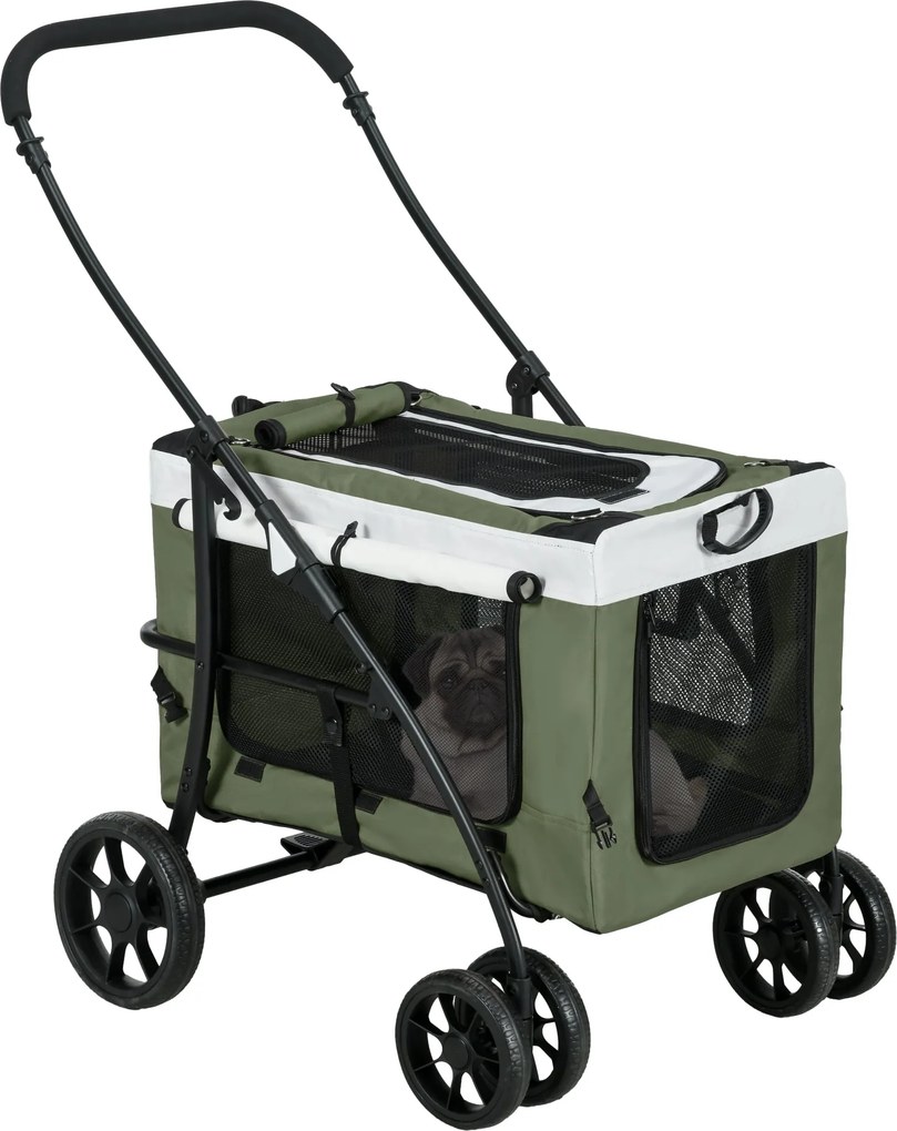 PawHut 2 az 1-ben Kutyakocsi Állat Buggy Összecsukható Kutyák & Macskák számára 10 kg-ig Macska Buggy Párnázott Méhsejtes Ablakokkal Ajtókkal Tároló K