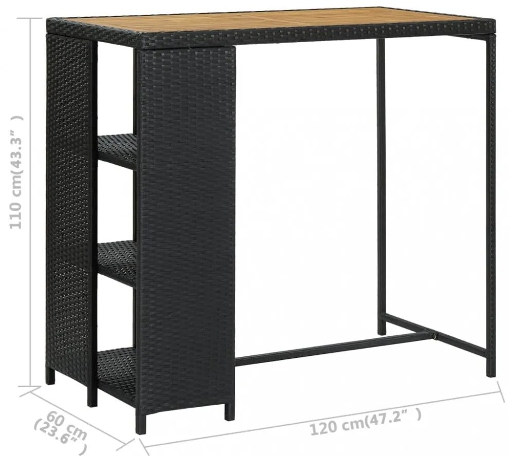 fekete polyrattan bárasztal tárolópolccal 120 x 60 x 110 cm
