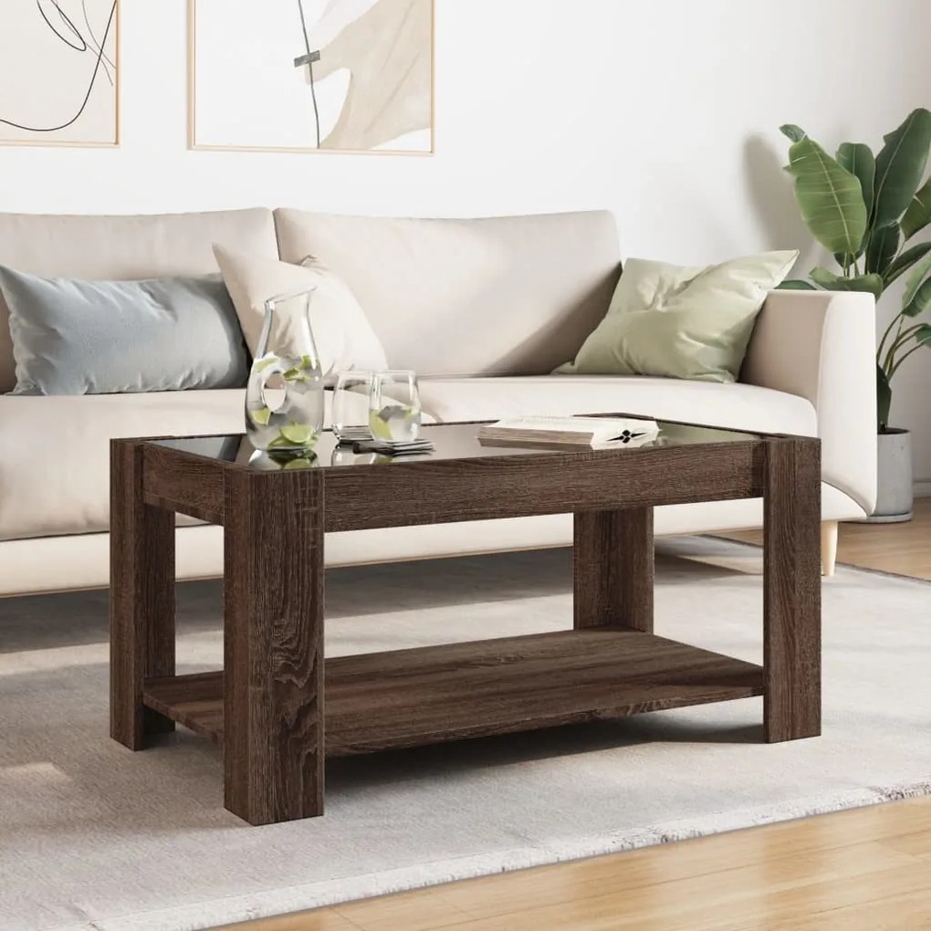 Barna tölgy szerelt fa dohányzóasztal LED-del 93 x 53 x 45 cm