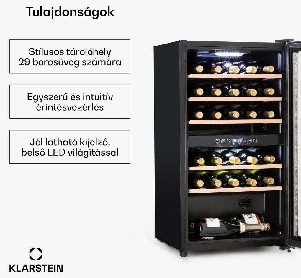 Klarstein Vinamour 29D, borhűtő, 2 zóna, 80 liter, 29 palack, 5 - 22 °C, érintésvezérlés