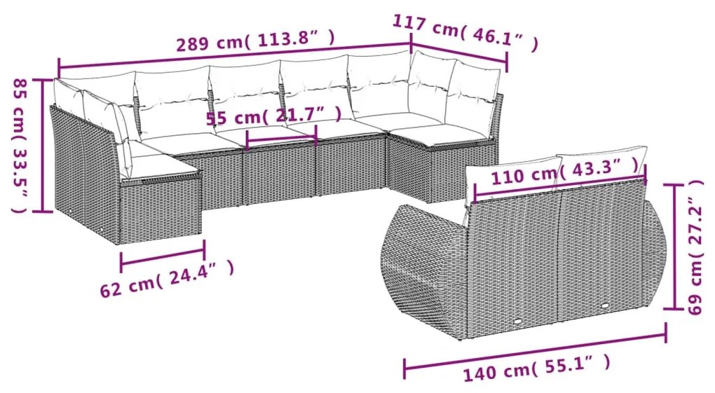 9 részes fekete polyrattan kerti ülőgarnitúra párnákkal