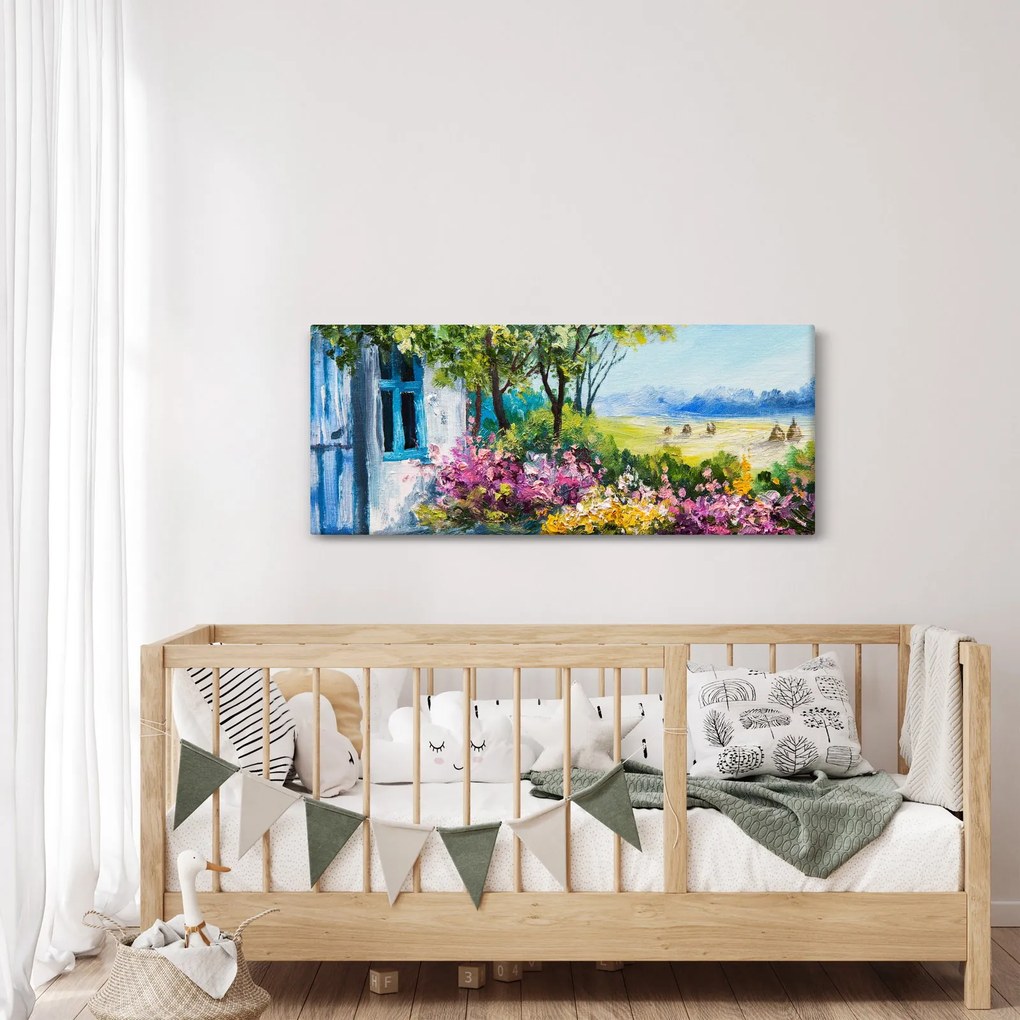 Kép a ház előtti kertről, olajfestmény (120x50 cm)