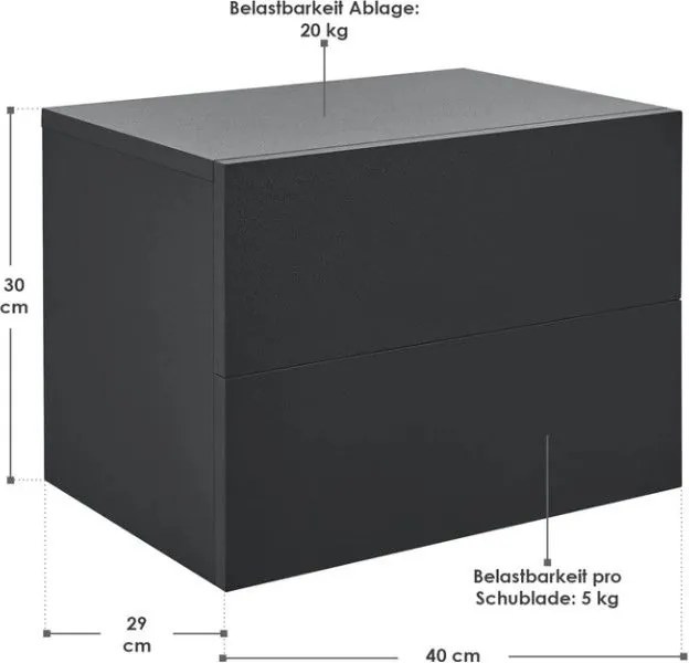 Függő éjjeliszekrény 40 x 29 x 30 cm fekete 2 fiókkal