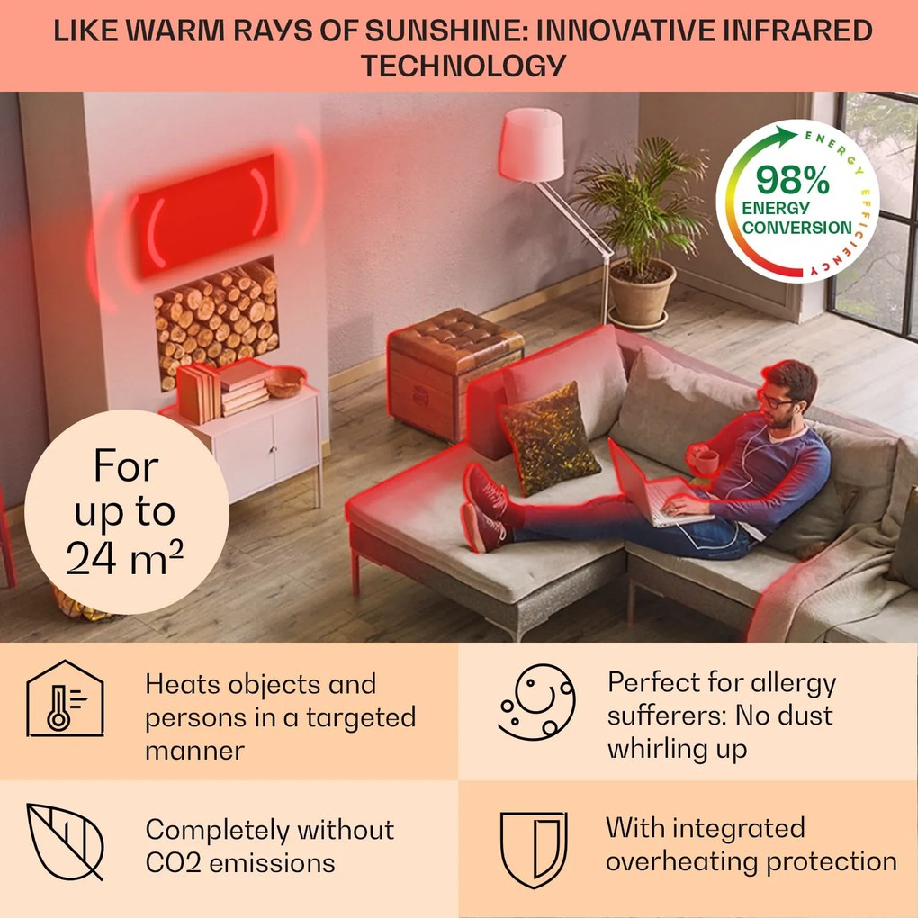 Klarstein Wonderwall Air 120, infravörös hősugárzó, 100 x 120 cm, 1200 W, falra szerelhető, távirányító, fehér