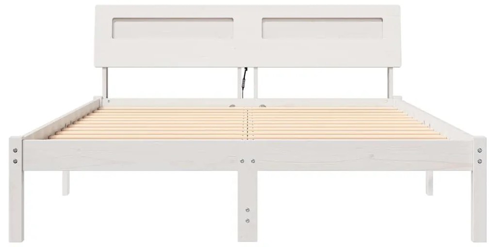 Ágykeret LED -es lámpákkal Fehér 140 x 190 cm Tömör fenyőfa