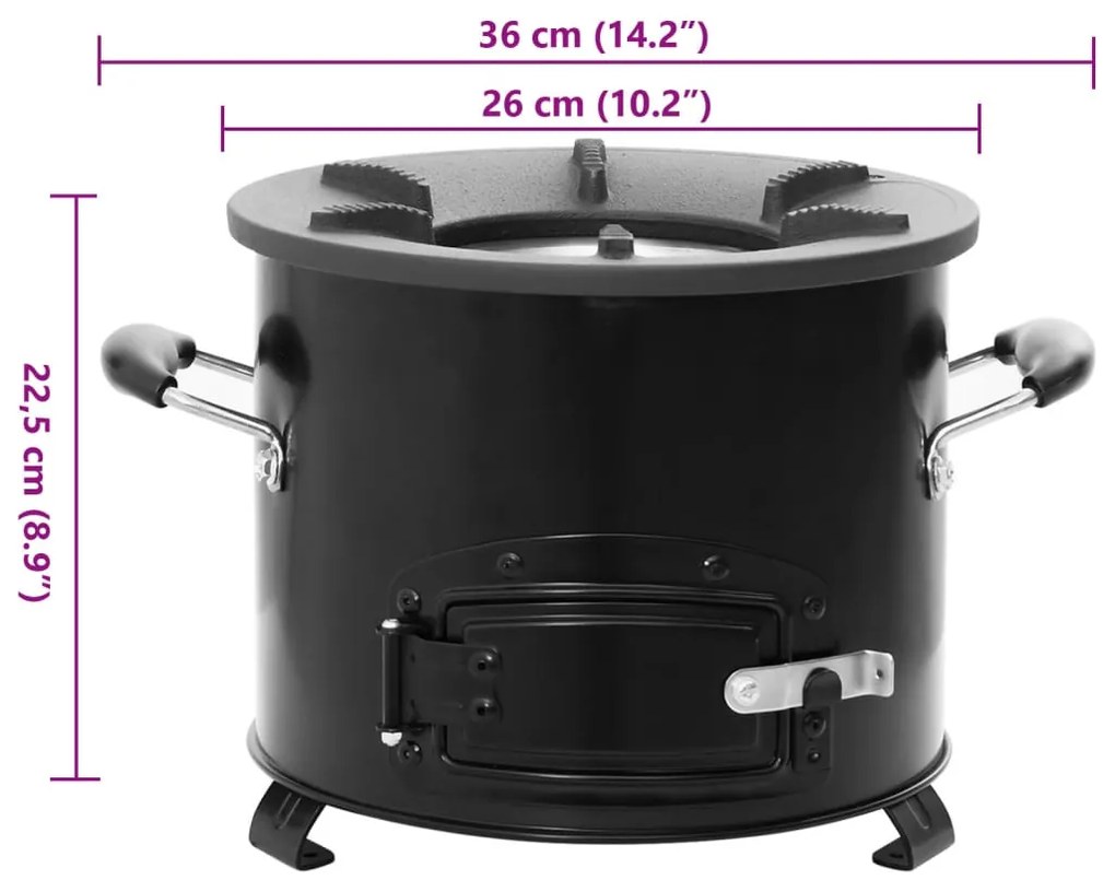 fekete fém fatüzelésű kempingtűzhely 36 x 26 x 22,5 cm