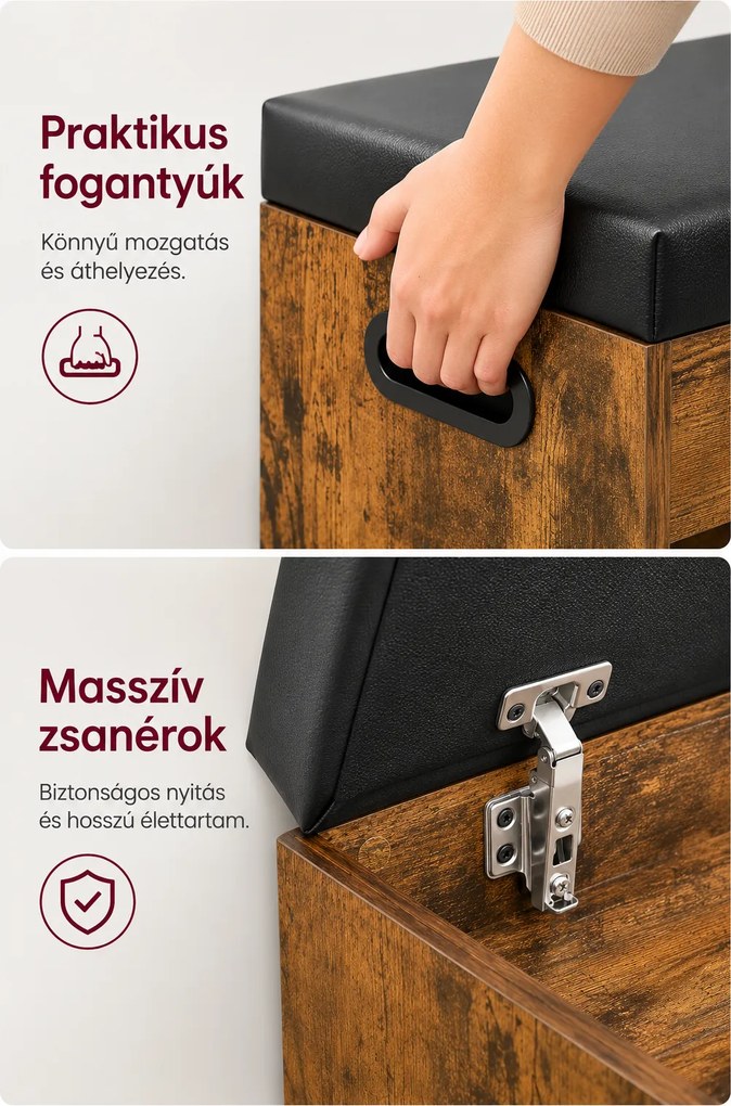 Tárolópad párnázott üléssel, 3 rekeszes cipőpad 80 x 30 x 44 cm, rusztikus barna