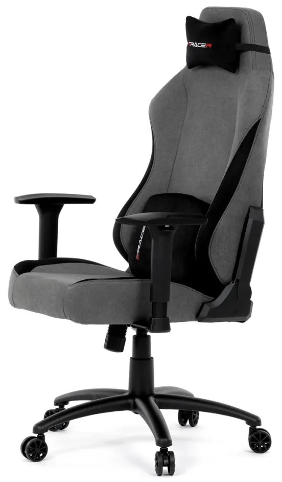 Scaun pivotant pentru gamer, țesătură gri, structură balansoar, poziționare spătar 90°-180°, cotiere 3D, spumă cu memorie și perne