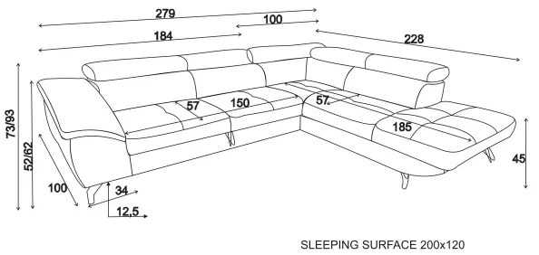 Bővíthető sarokkanapé tárolóval, L-alakú BRESCIA jobb szürke