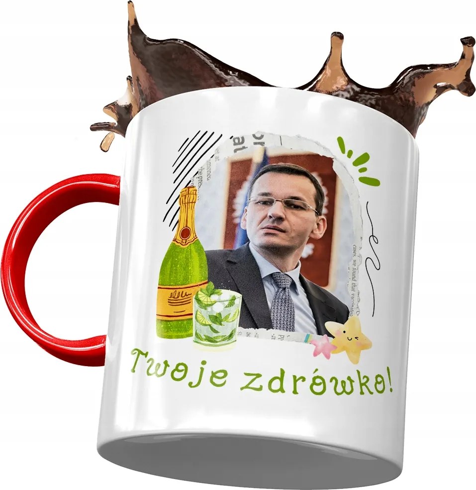 Piros bögre Mateusz Morawiecki Premier Ajándék Nyomtatott Fotóval