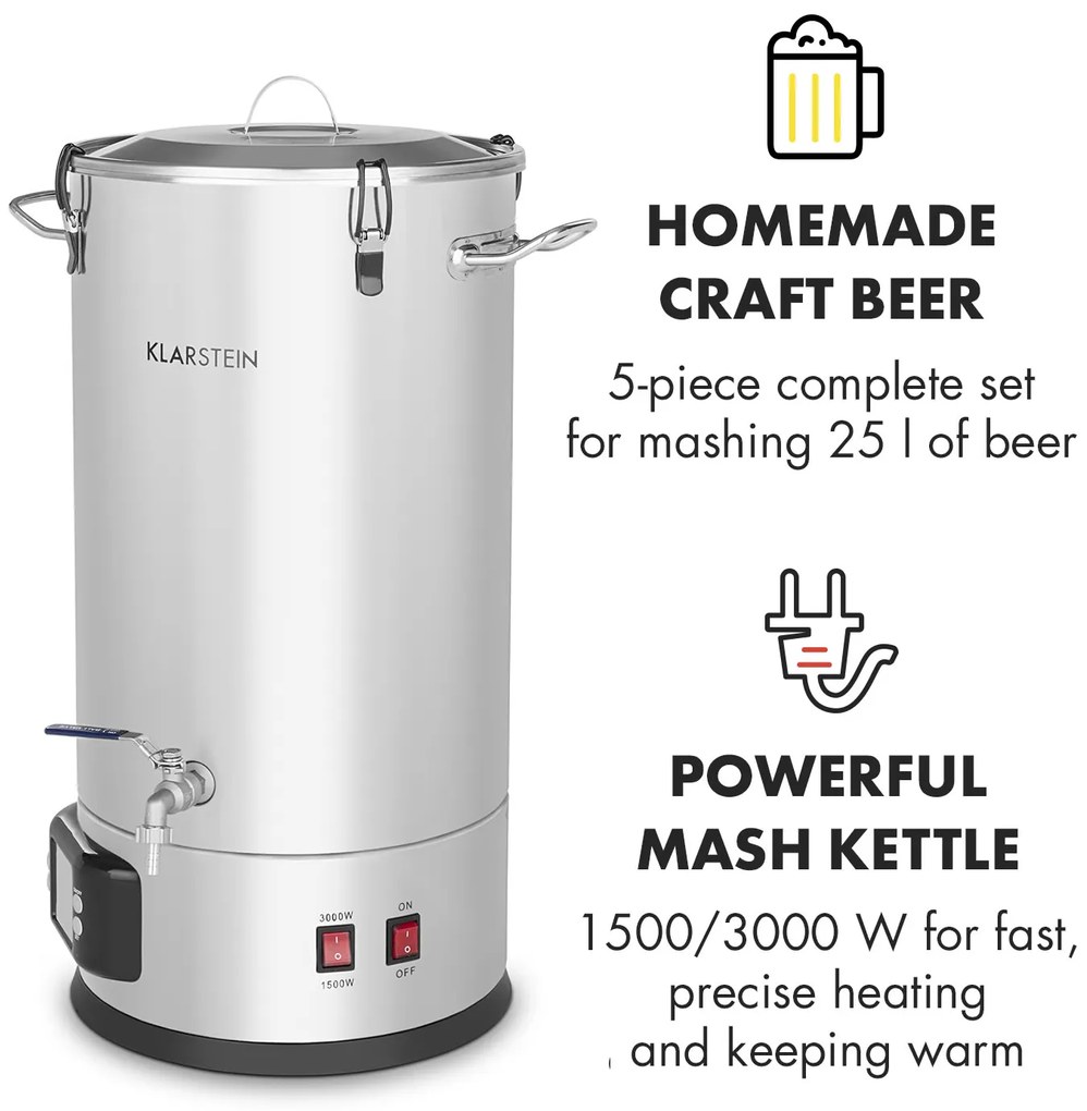 Klarstein Maischfest 25, sörfőző üst, 5 részes, 25 l, 1500 W/ 3000 W, érintős LCD, rozsdamentes acél
