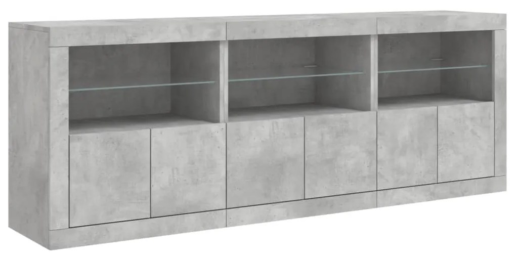 betonszürke tálalószekrény LED-világítással 181,5x37x67 cm