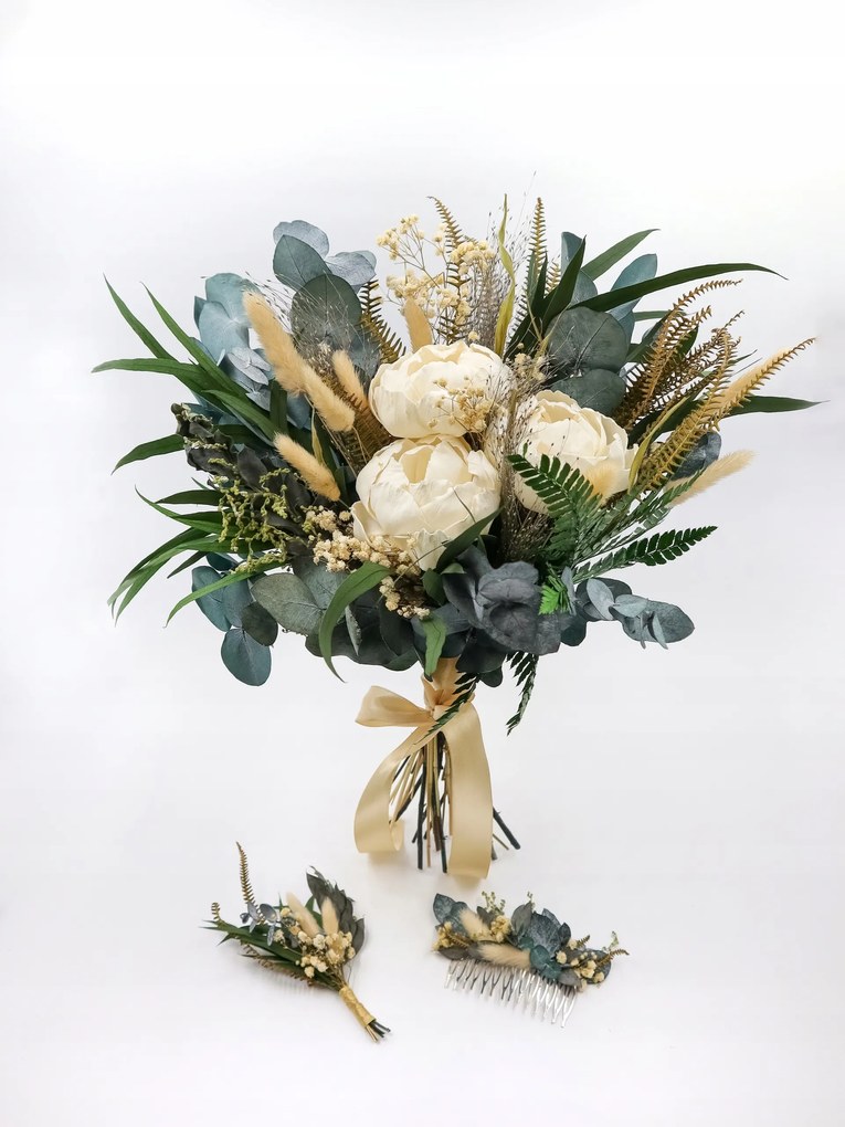 Esküvői díszek szárított, stabilizált virágokból