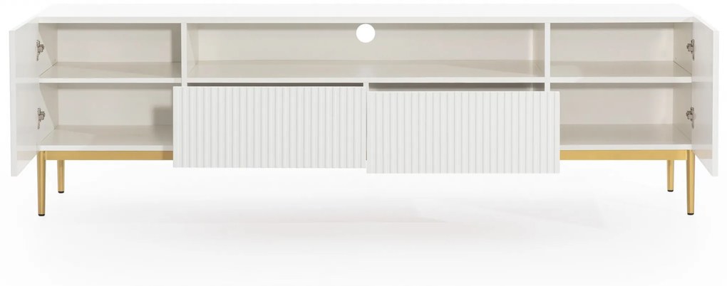 Nicole TV-szekrény 200 cm nyitott polccal és fiókokkal - matt fehér / arany lábak