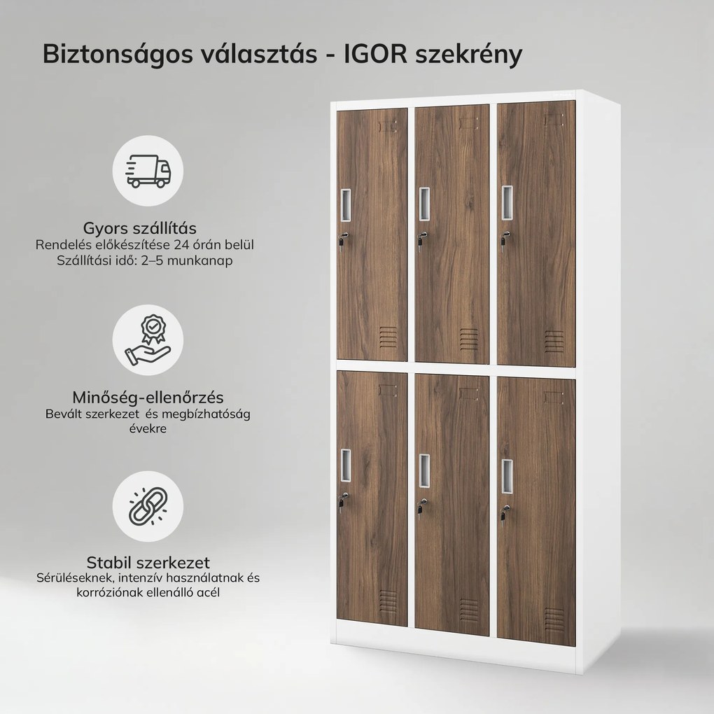 IGOR fehér / dió színű, 6 ajtós Eco Design BHP öltözőszekrény, 900 x 1850 x 450 mm