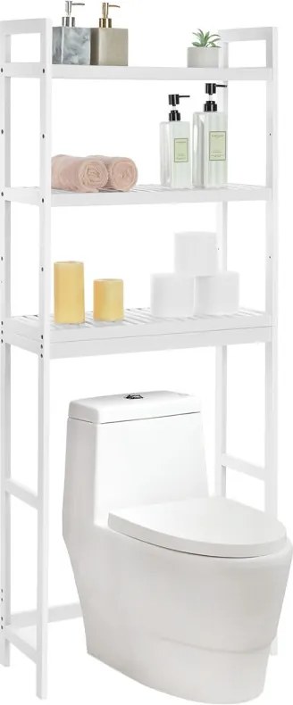 Mosógép feletti tárolószekrény, bambusz fürdőszoba szekrény, fehér 63x26x163cm