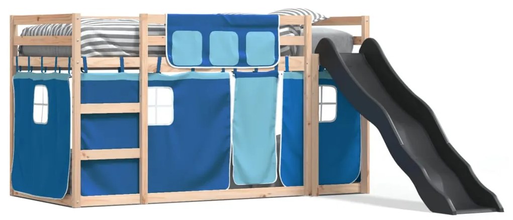 kék emeletes ágy csúszdával és függönnyel 90 x 200 cm