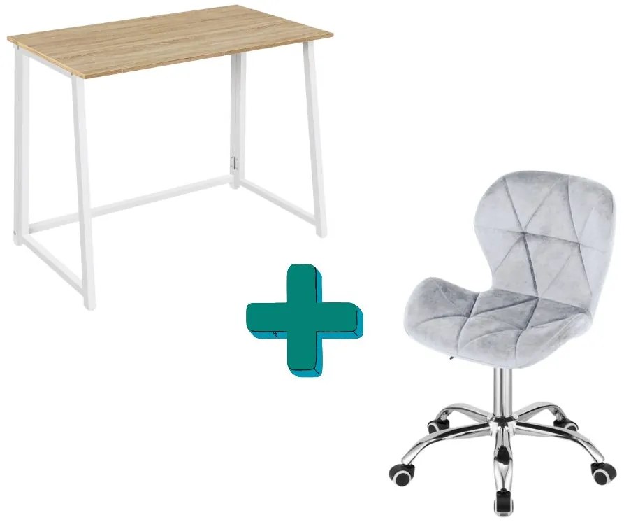 Dolgozószobai szett – összecsukható íróasztal ZARIMO 80×40 cm fehér + irodai szék AVOLA VELVET világosszürke