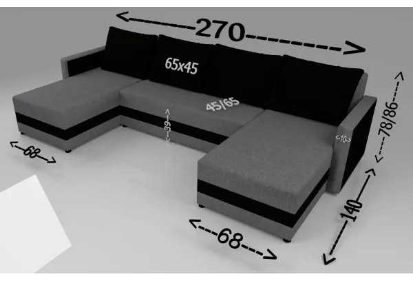 Kárpitozott, univerzális, kihúzható U alakú BRISTOL ülőgarnitúra, szürke/fekete