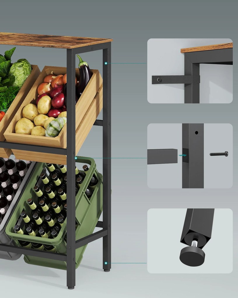 2 szintes, 4 rekeszes acél ital tároló állvány, vintage barna és fekete